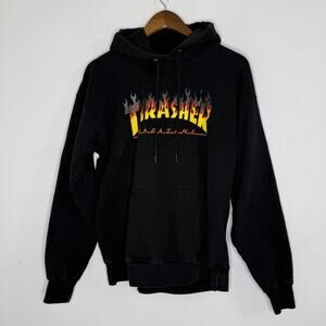 Thrasher Hoodie Mens Medium Black Flame Logo Pullover Fleece Skate Sweatshirt